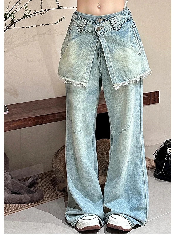 

Retro American Tassel Denim Skirt Wide Leg Floor-Length Pants Women's Summer New Style Spicy Girl Fake Two-Piece Overlap