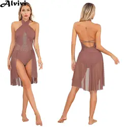 Vestido de Collant Brilhante Strass Sem Costas Feminino, Vestido de Dança Lírica, Patinação Artística, Ballet, Ginástica, Traje De Performance De Palco