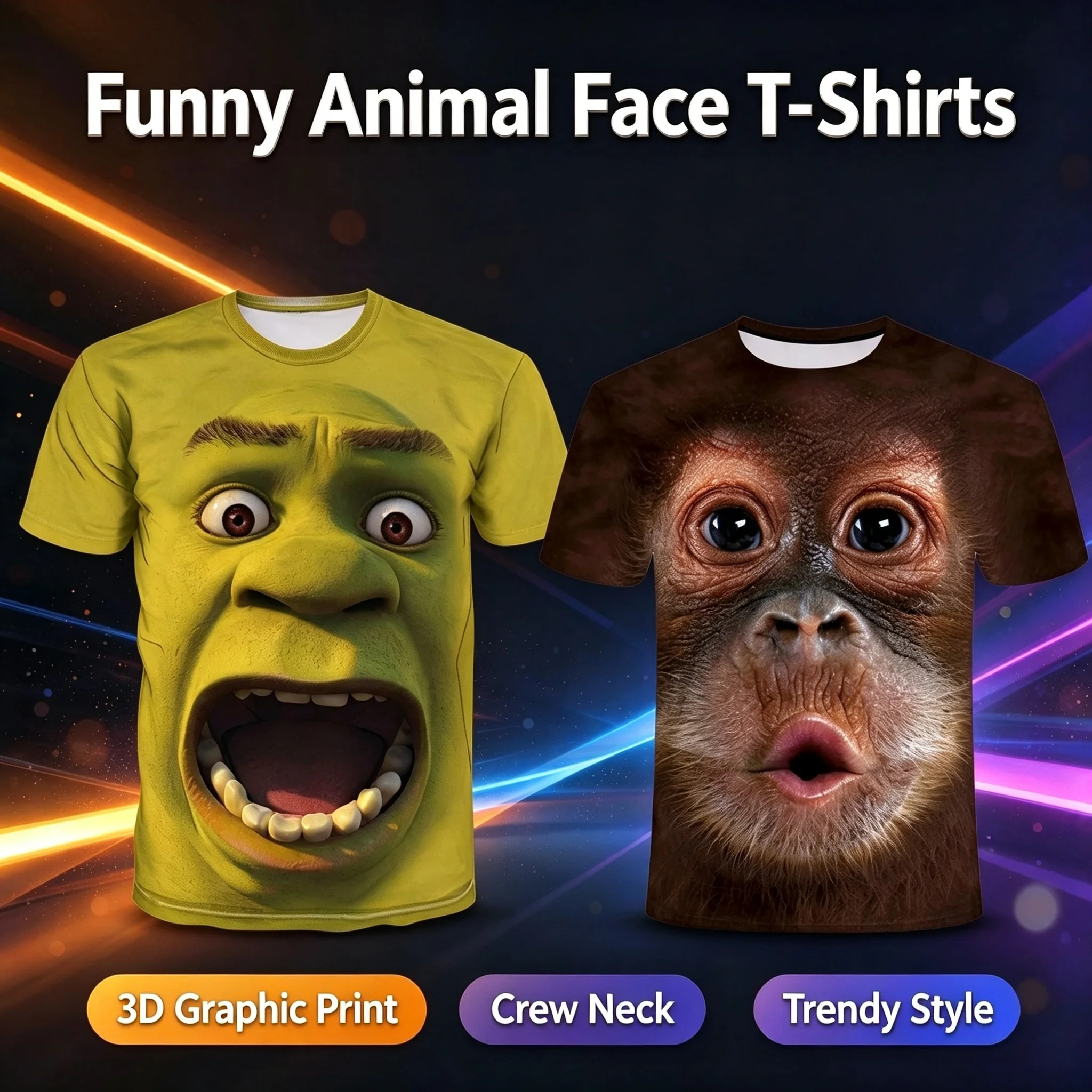 3D printed animal face T-shirt funny printed sweatshirt fun Harajuku streetwear role-playing clothing plus size unisex T-shirt