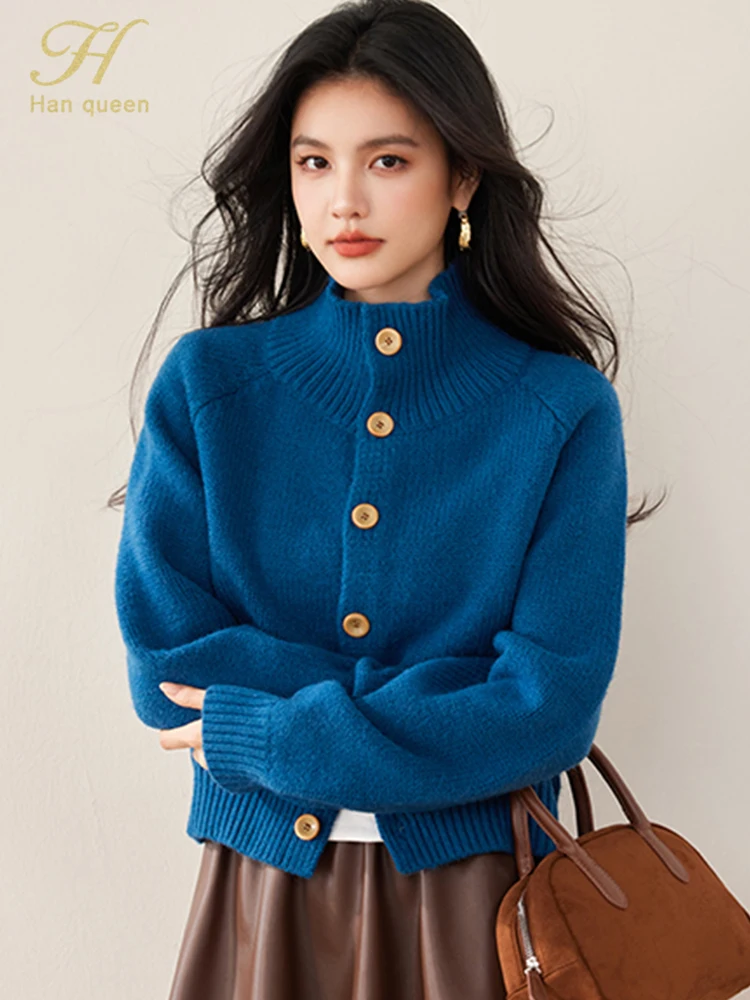 

H Han Queen New Winner Korean Casual Cardigan Sweater Elegant Thickened Warm Women Sweaters Knitwear Simple Long Sleeve Tops