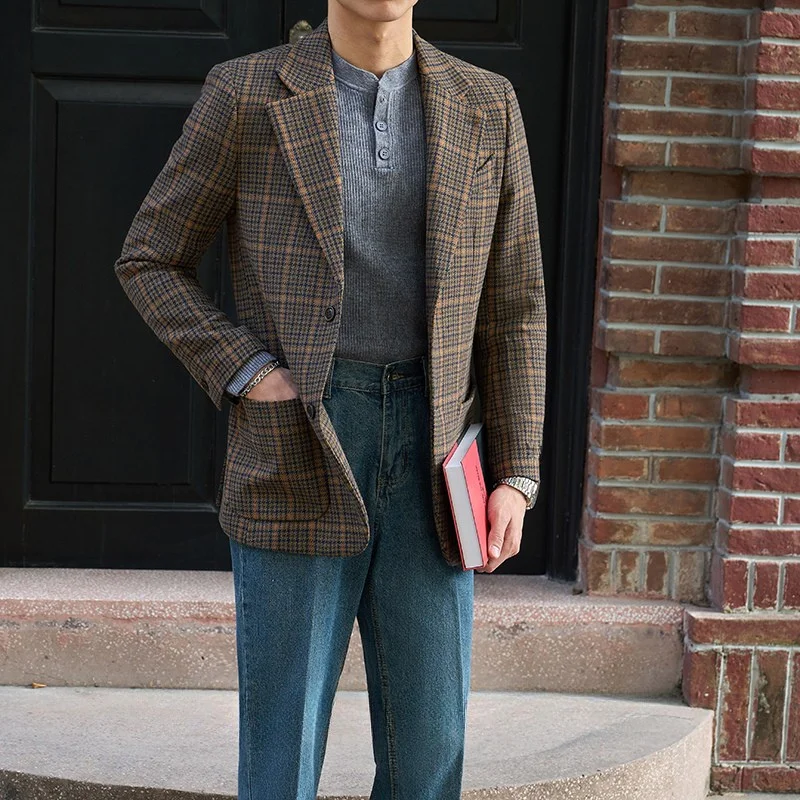

Vintage Wool Blend Men's Suit Jacket with Single BreastedButtons Men's Winter Houndstooth Warm Hunting Suit Business Casual Suit