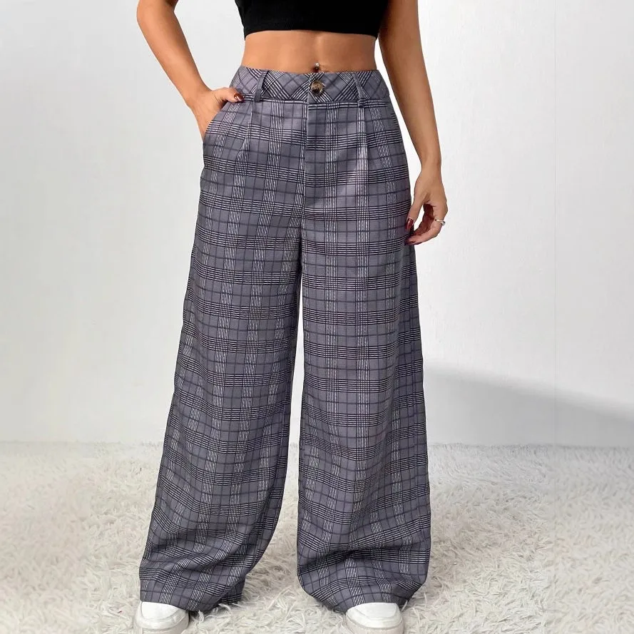 Retro Plaid Loose Casual Pants Women's Fashion Cross-Border Natural Waist Polyester Fiber Polyurethane Elastic Fiber