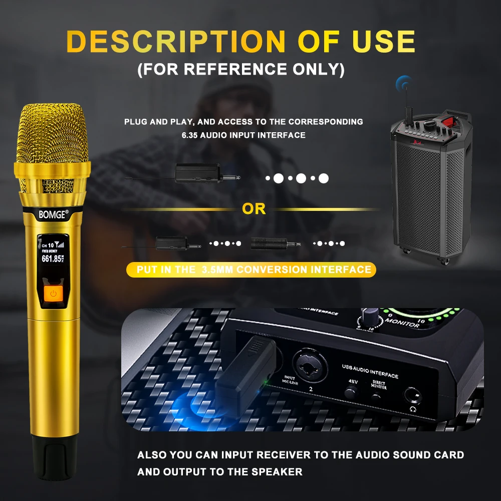 Sistem Mikrofon Nirkabel Karaoke DJ 2 Saluran Profesional dengan Penerima Isi Ulang Nirkabel Mikrofon Emas Terang untuk DJ Pesta