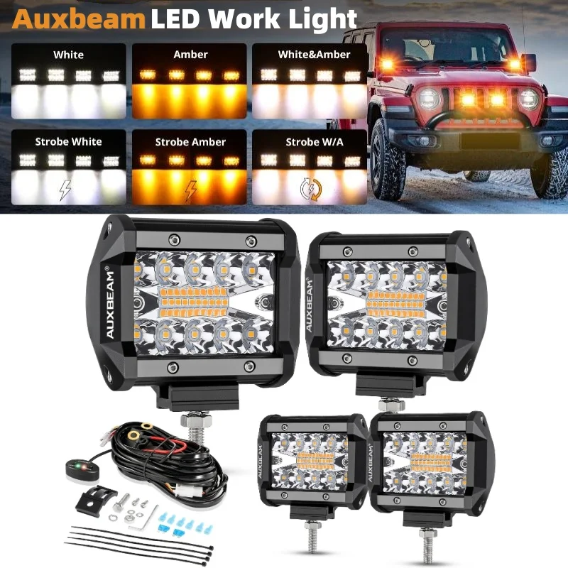 

Auxbeam 2/4Pcs 4 Inch 6 Lighting Modes Amber White LED Work Light 120W 6000K LED Pods Lights with Harness for Truck Boat Jeep