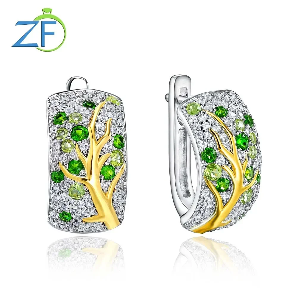 GZ ZONGFA Real 925 Sterling Silve Clip Earrings for Women Natural Chrome Diopside Peridot Yellow branches Elegant Fine Jewelry