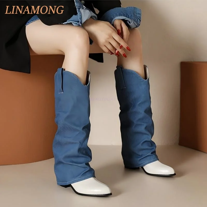 Two Tone Denim Stacked Knee High Boots V Notched Top Shaft Pull Tab Soft Rounded Point Toe Low Block Heel Comfortable Long Boots