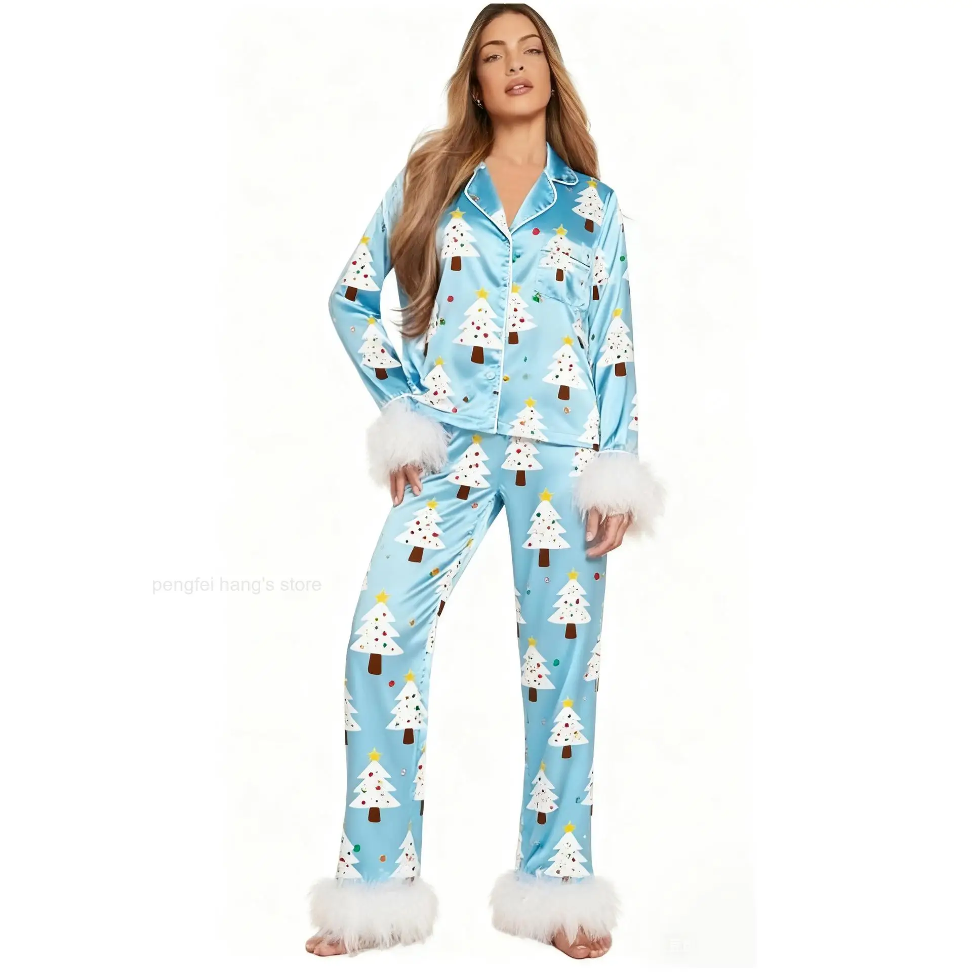 Women Christmas Fuzzy Loungewear Set Digital Print Pajamas Soft Warm Holiday Home Wear Comfortable Nightwear for Daily Rest