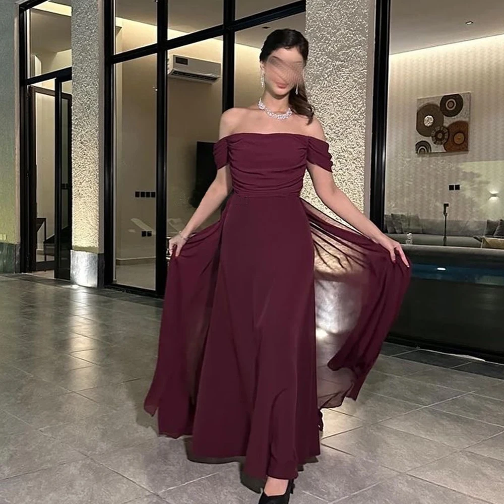 Elegant Solid Color Chiffon Sheath Strapless Plus Size Gowns For Occasions Pleats Evening Dress Ankle Length Off the Shoulder