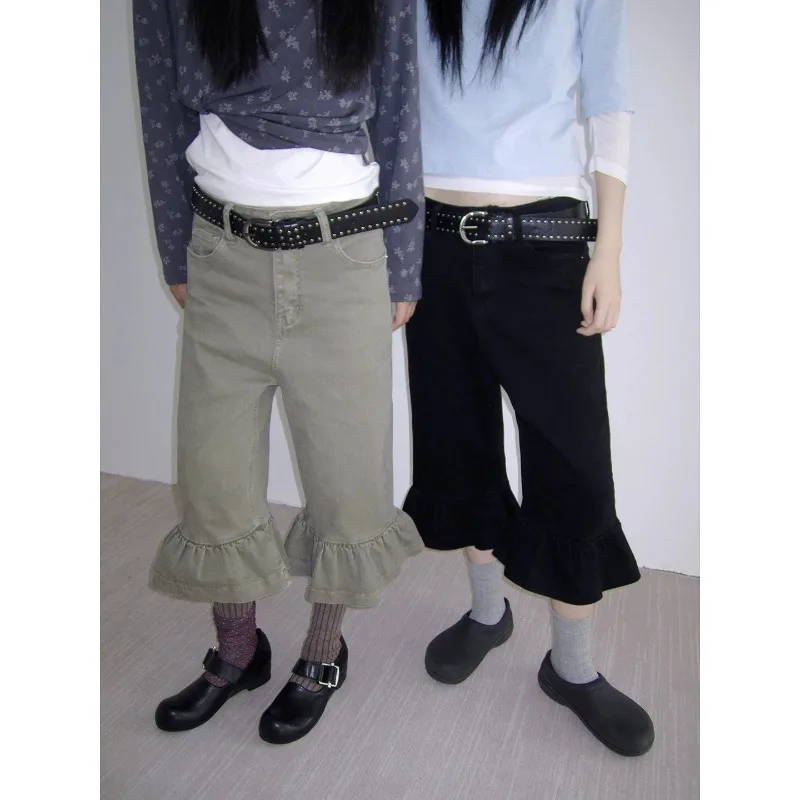Korean Niche Lotus Leaf Lace High Waist Meat-covering Trousers Nostalgic Design Fashionable and Thin Seven-point Jeans Women