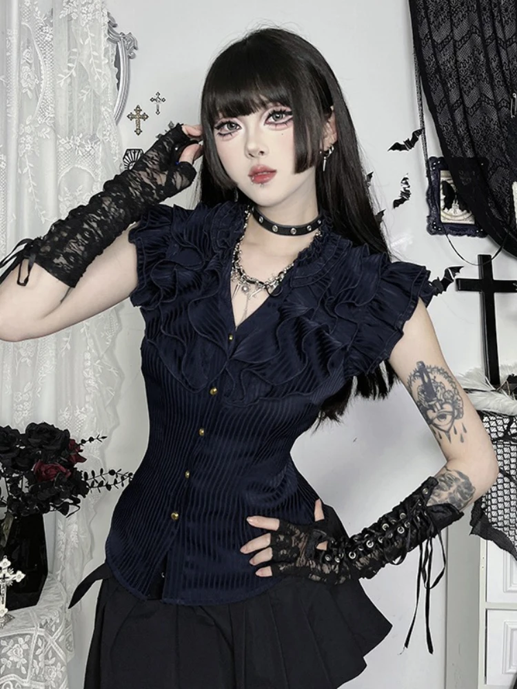 AltGoth ヴィンテージエレガントな宮殿スタイルシャツ女性ダークゴシックセクシーなホットスイート Y2k E-girl パンク V ネックフリルパッチワークブラウス女性