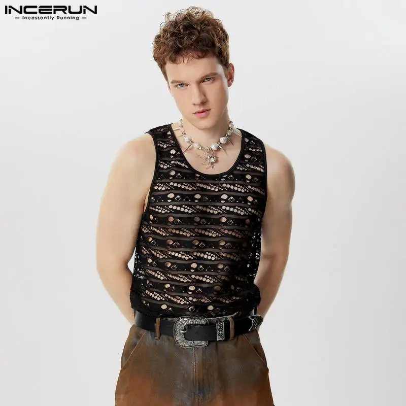 INCERUN Men Tank Tops Lace Hollow Out Transparent O-neck Sleeveless Male Vests Streetwear 2024 Summer Sexy Fashion Men Clothing