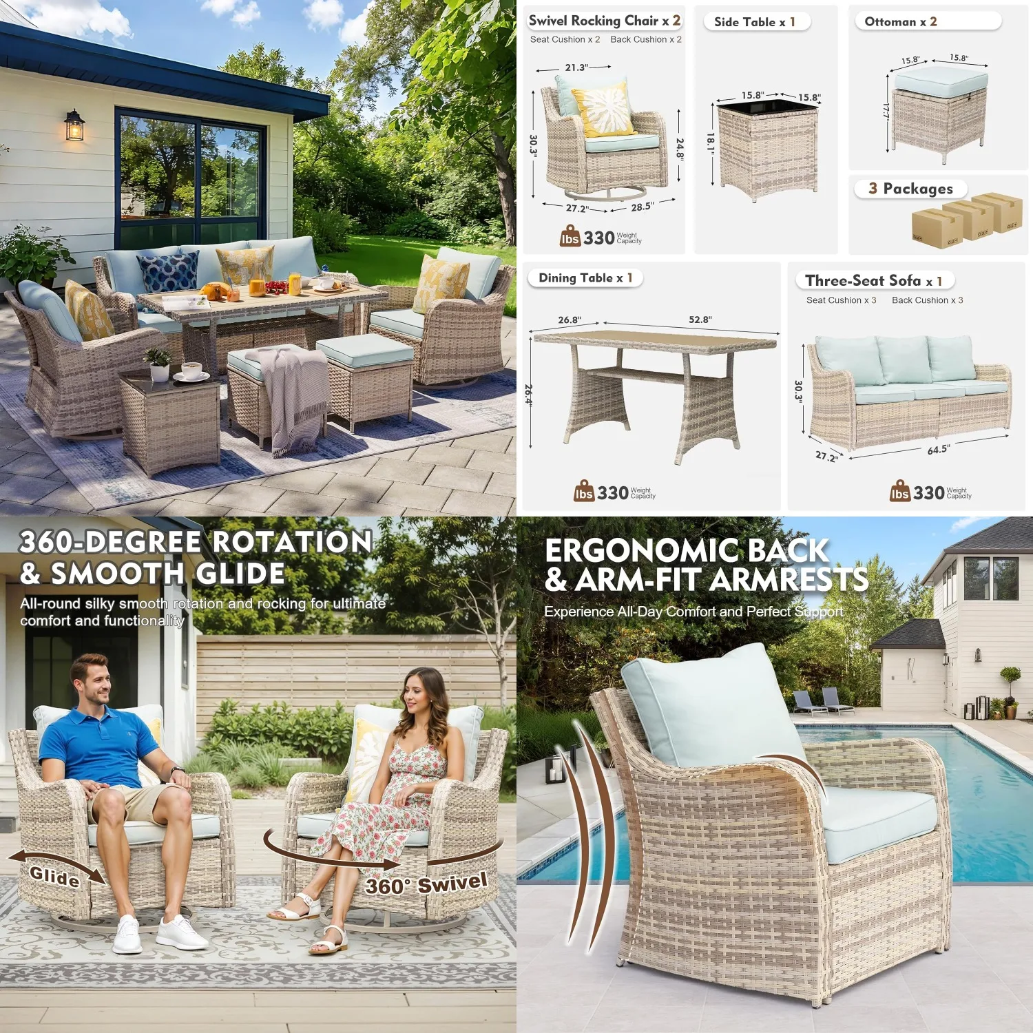 

7pc Patio Furniture Set Swivel Rocking Chairs Wicker Conversation Sofa Ottoman Dining Table Outdoor Customized