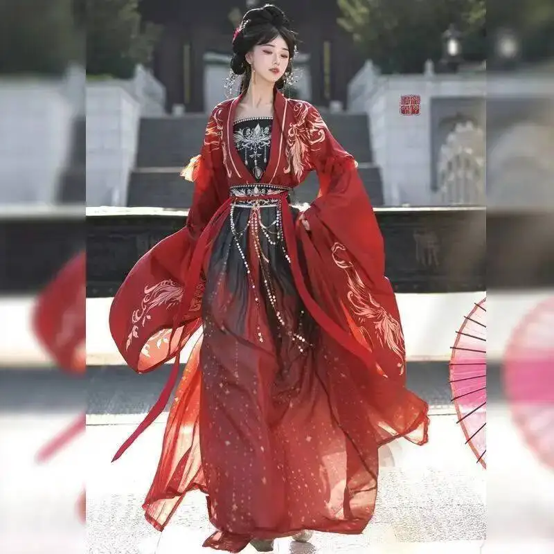 

Традиционный китайский костюм Ханьфу для девочек, черный, в стиле Вэйцзин, для Хэллоуина, косплея, выступлений на сцене