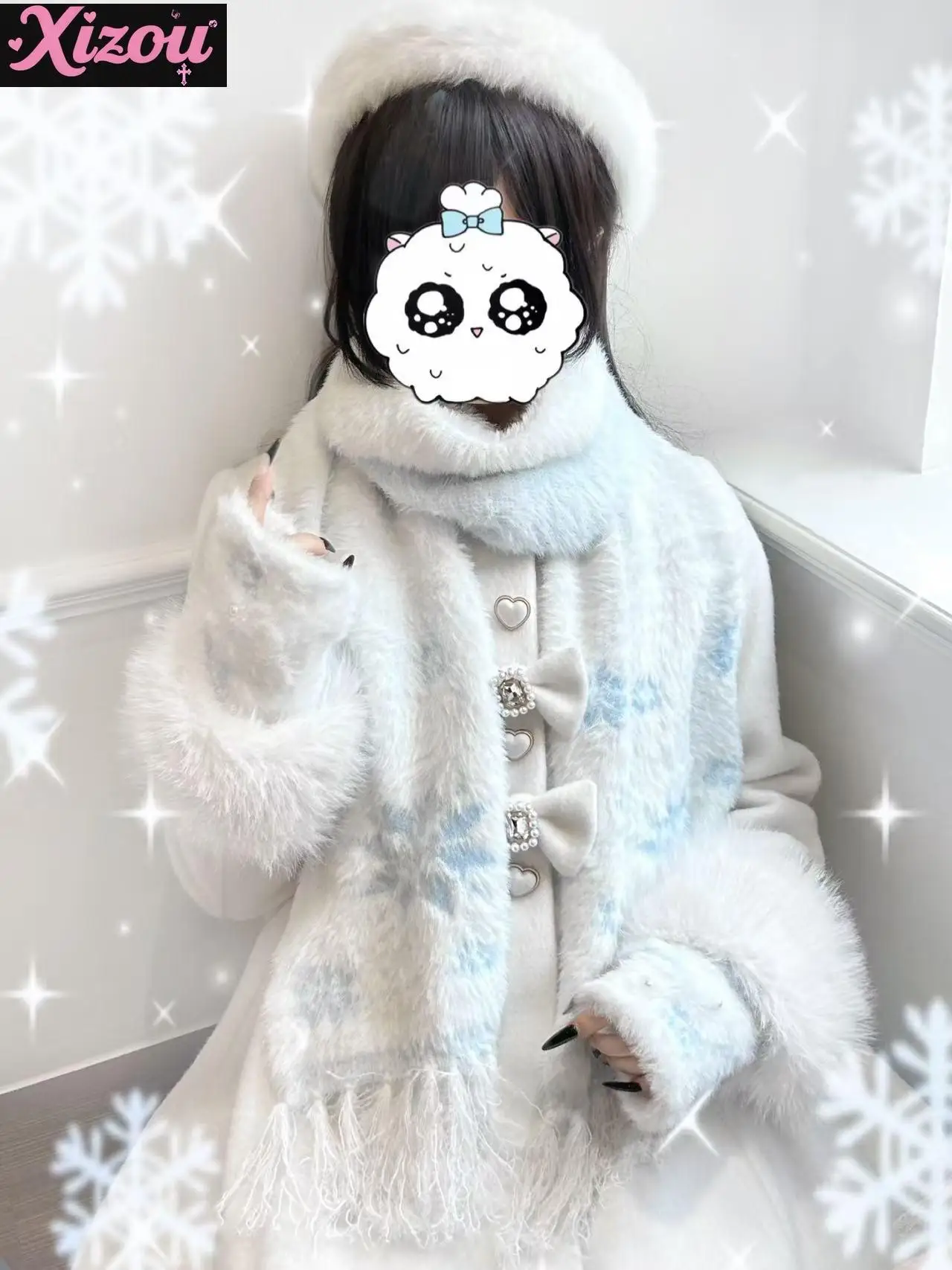 Japanse Zoete Leuke Subcultuur Y2k Sneeuwvlok Sjaal Vrouwelijke Imitatie Nertsen Fluwelen Verdikte Gebreide Lolita Massa geproduceerd Zacht Meisje