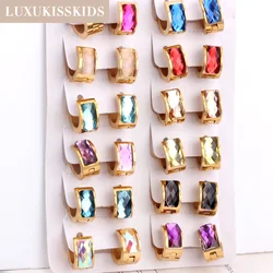 LUXUKISSKIDS-pendientes de aro de acero inoxidable, joyería de lujo colorida, Clips dorados de cristal redondos únicos, 12 pares, arete al por mayor