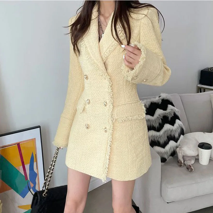 Tassels Pocket Bouble-Breasted Women Long Tweed Suit Dress Coat Long Sleeve Winter 2022 New Elegant Fashion Vintage Lady Jacket