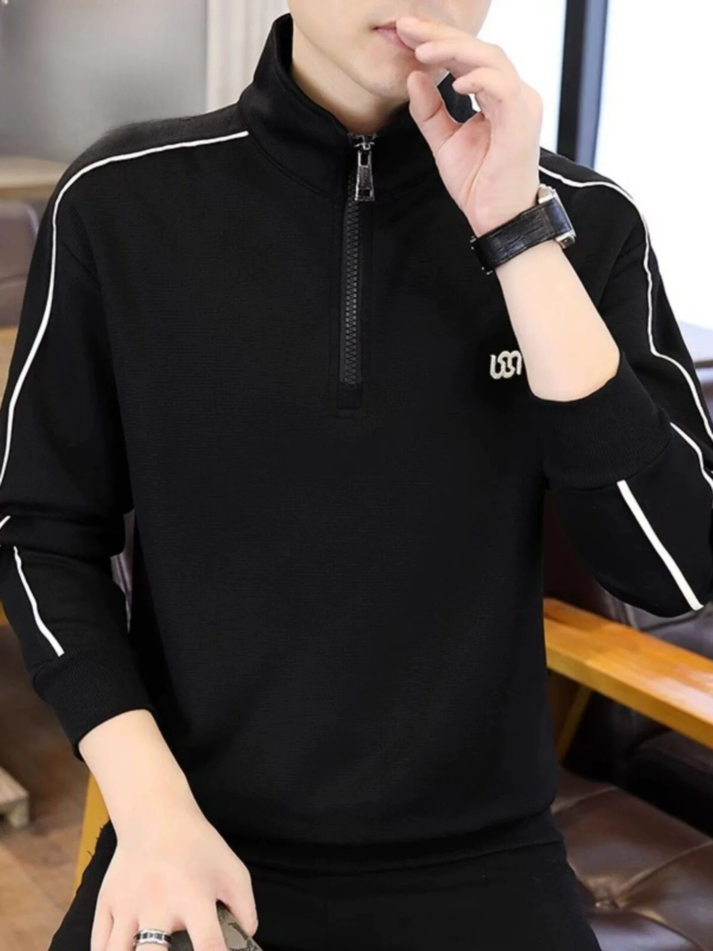 Camiseta Masculina Pierre Cardin 2026 Nova Coleção Primavera Outono com Meio Zíper, Gola Alta e Manga Longa - Camisa Casual B...
