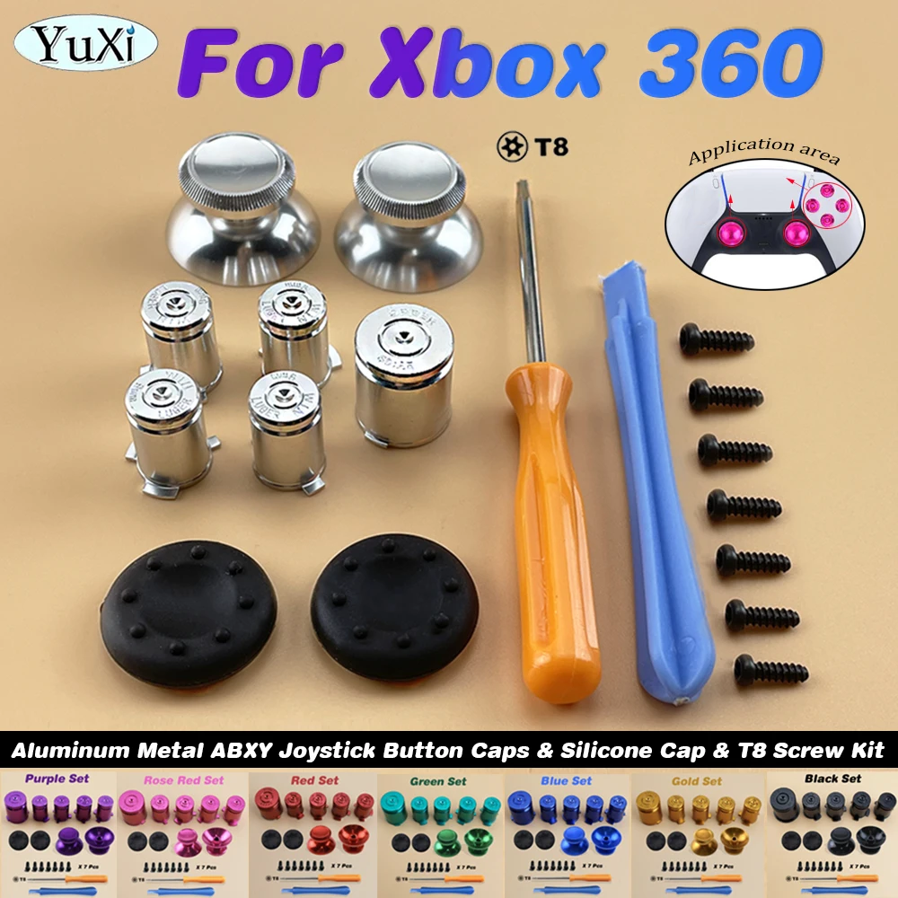 Aluminum Metal Thumbstick Buttons ABXY Key & Anti-Slip Silicone Cover Cap & T8 Screw Kit For Xbox 360 Gamepad Controller 1Set