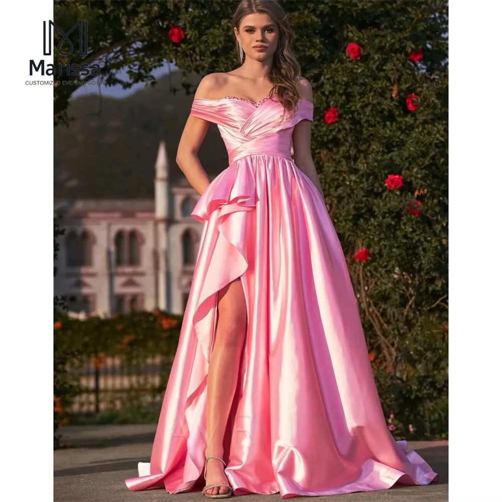 

Marissa Pink Off-shoulder Elegant Women's Dresses for Wedding Party Dress Custom Made A-line Side Slit Satin Prom Dress 2025