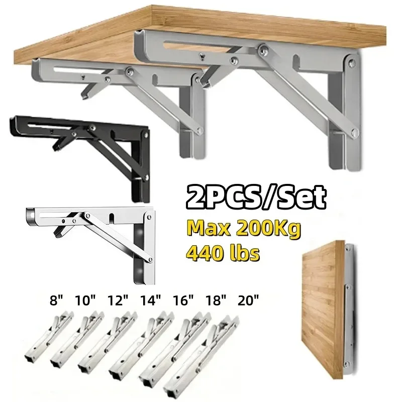 2PCS Heavy Duty Stainless Steel Triangle Folding Shelf Brackets – Wall Mounted Collapsible Angle Bracket for Table, Workbench