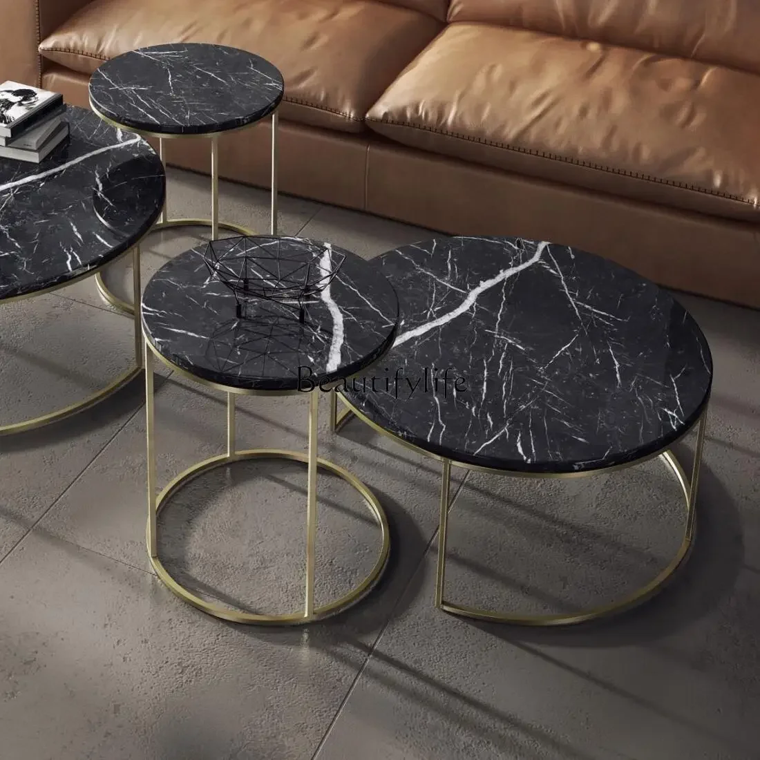 

02 Internet Celebrity Round Coffee Table Pure Natural Marble Coffee Table Modern Sofa Side Table