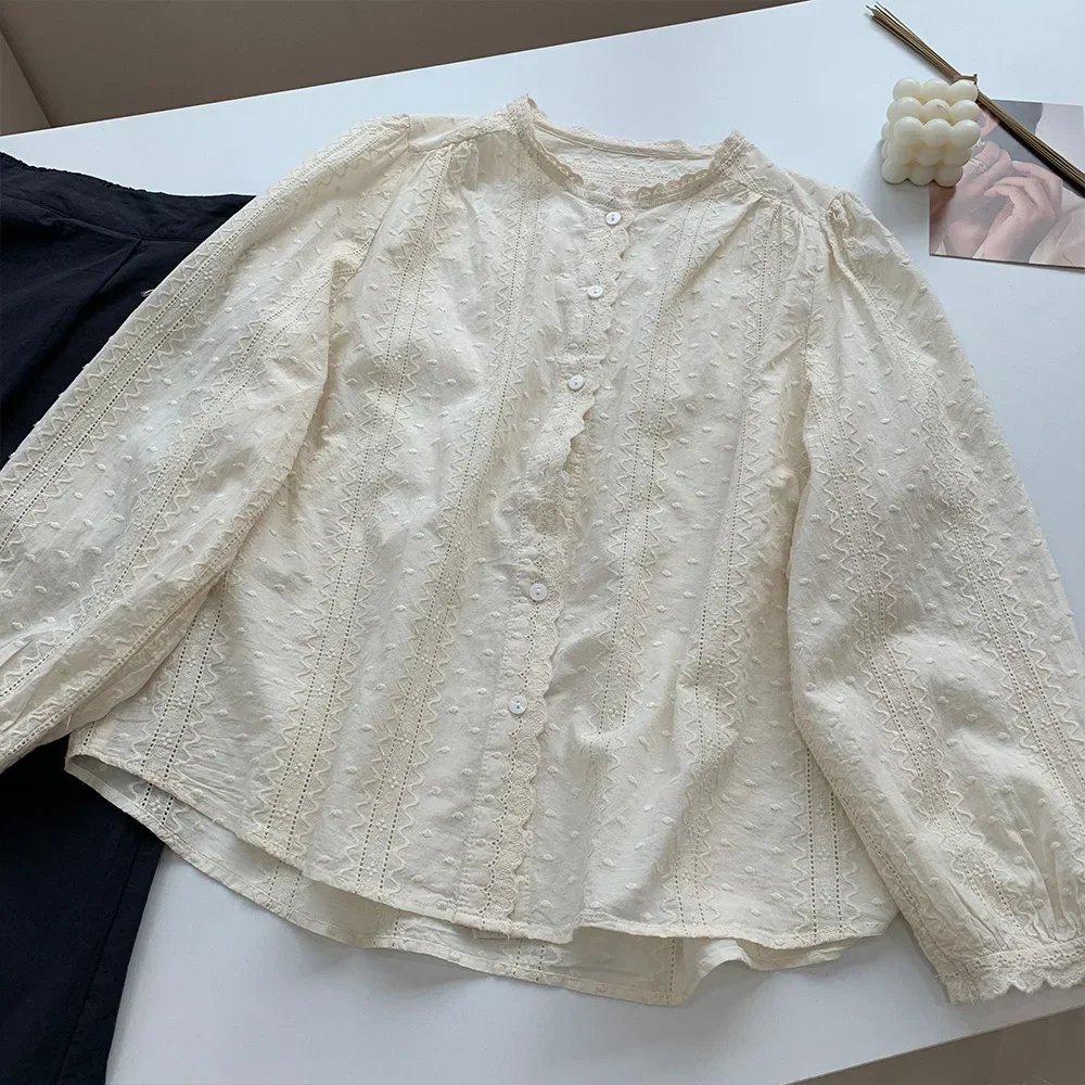 Fall Vintage Cotton Embroidery Lace Hollow Out Long Puff Sleeve Shirt Youth Retro Chic Classy Edwardian Rococo Elegant Blouse