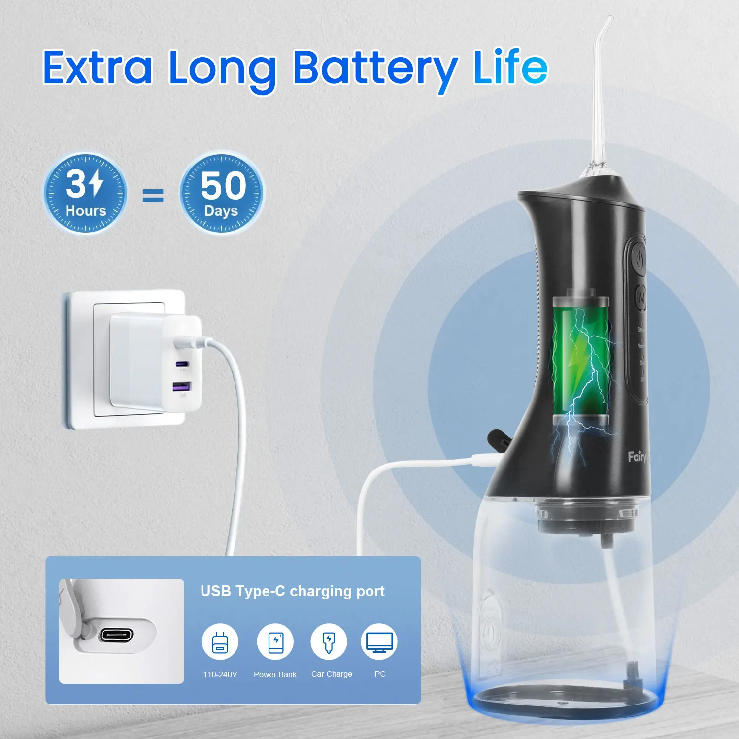 Fairywill USB المحمولة عن طريق الفم الري جهاز تنظيف الأسنان بالماء الأسنان المياه تبييض الأسنان 300 مللي 6 فوهات الفم تنظيف الفم للأقواس