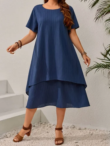Imagen 2 del producto Vestido casual de doble capa de talla grande con cuello redondo de color liso