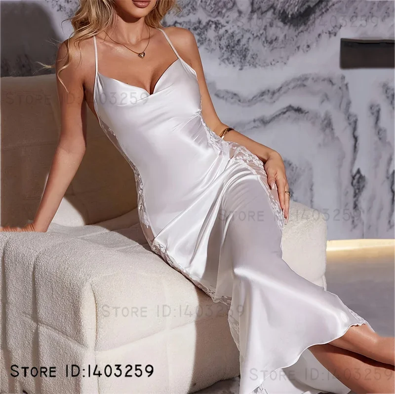 Sexy Perspective Lace Long Nightgown Intimate Lingerie Slim White Silk Satin Nightdress Home Clothes Summer New Women Sleepwear