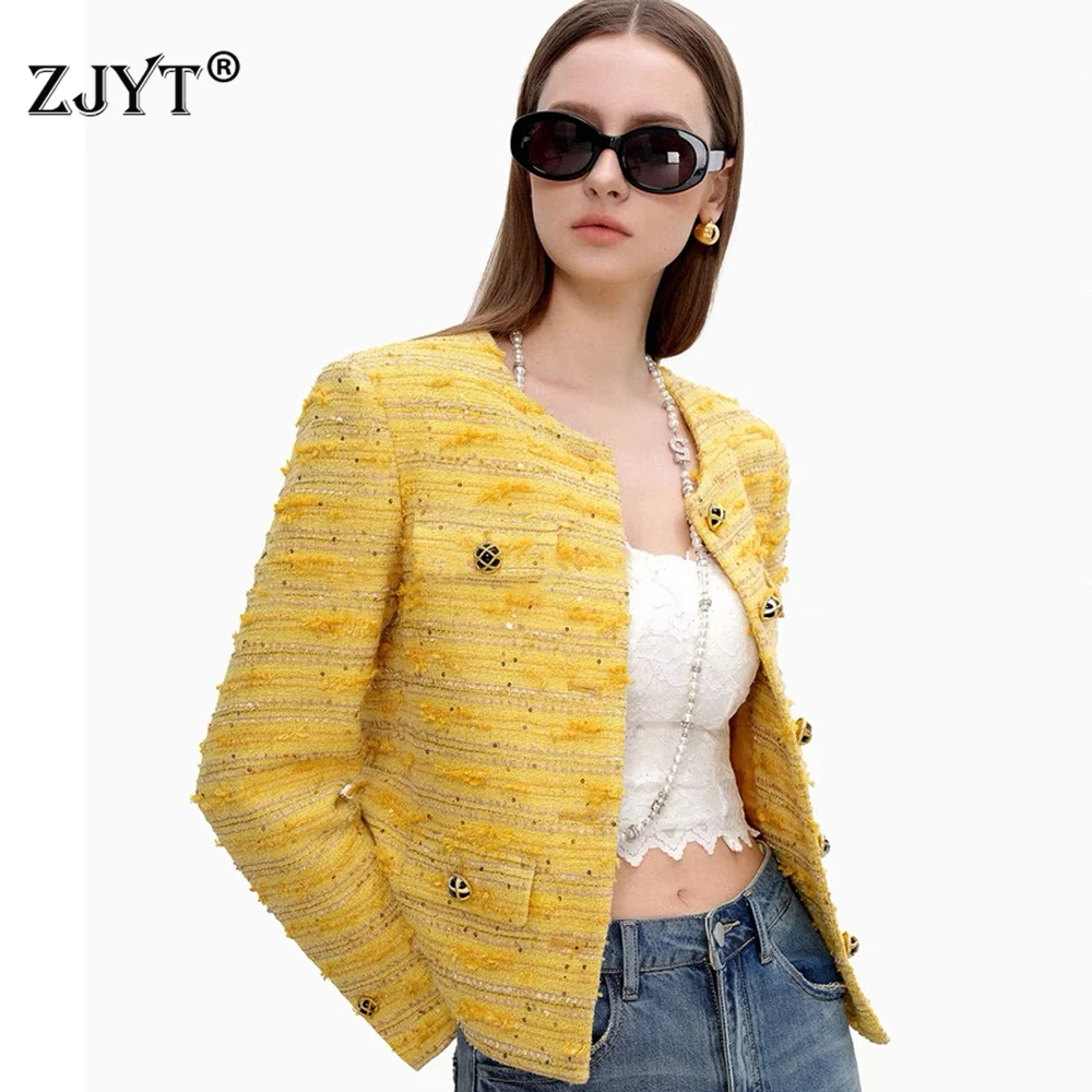 

ZJYT Autumn Winter Women's Tweed Woolen Jackets Coats Female Yellow Single Breasted O Neck Outerwears Elegant Woman Clothes 2025