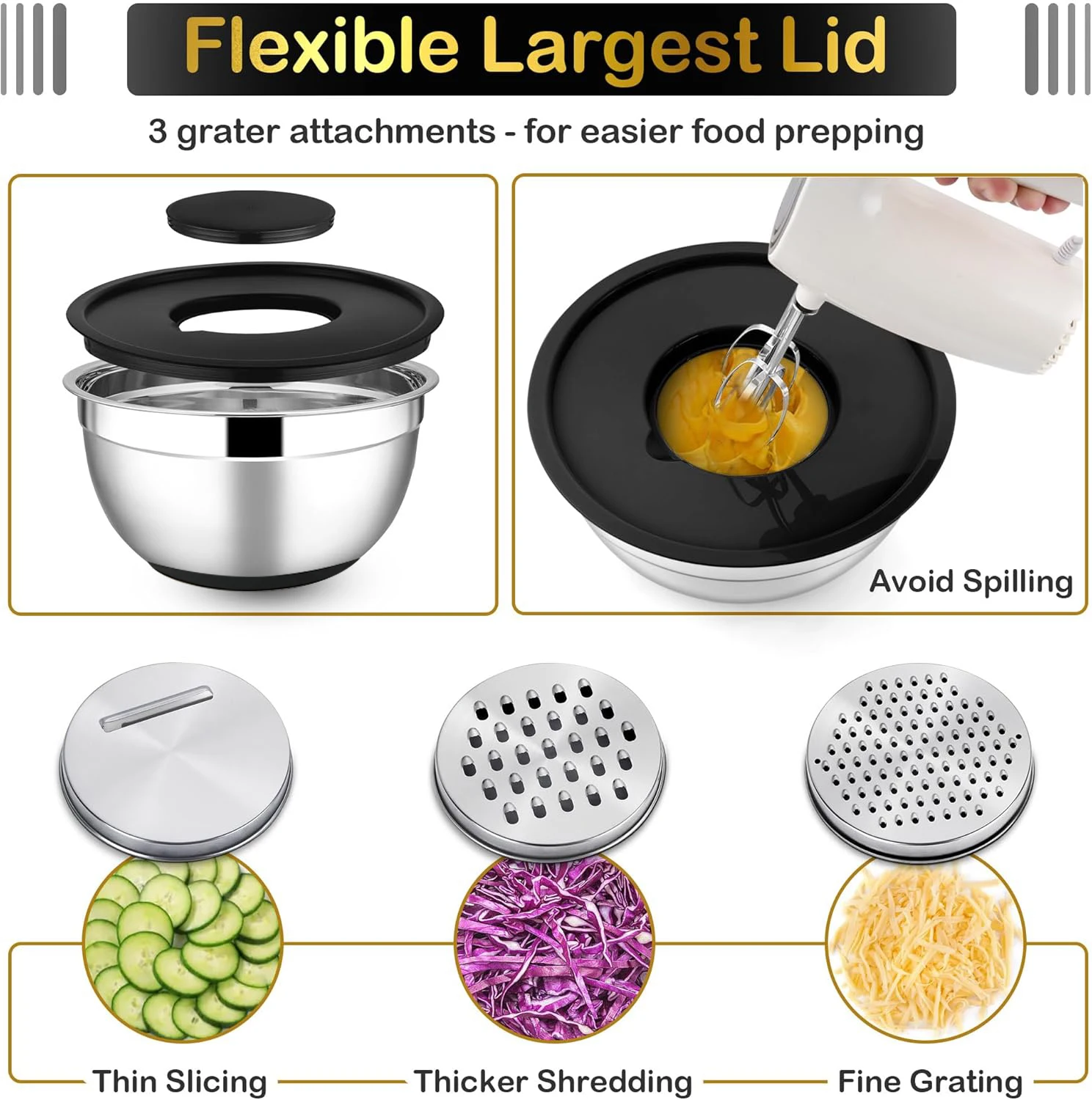 Mixing Bowls with Airtight Lids 5 piece Stainless Steel Metal Nesting Storage Bowls, Non-Slip Bottoms Great for Mixing Serving