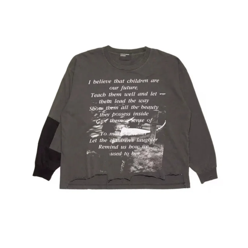 Depressed Rich Second Generation ERD Worn-In Letter Print Destroyed Couple Matching Long Sleeve T-Shirt Casual Loose Fit Cott...