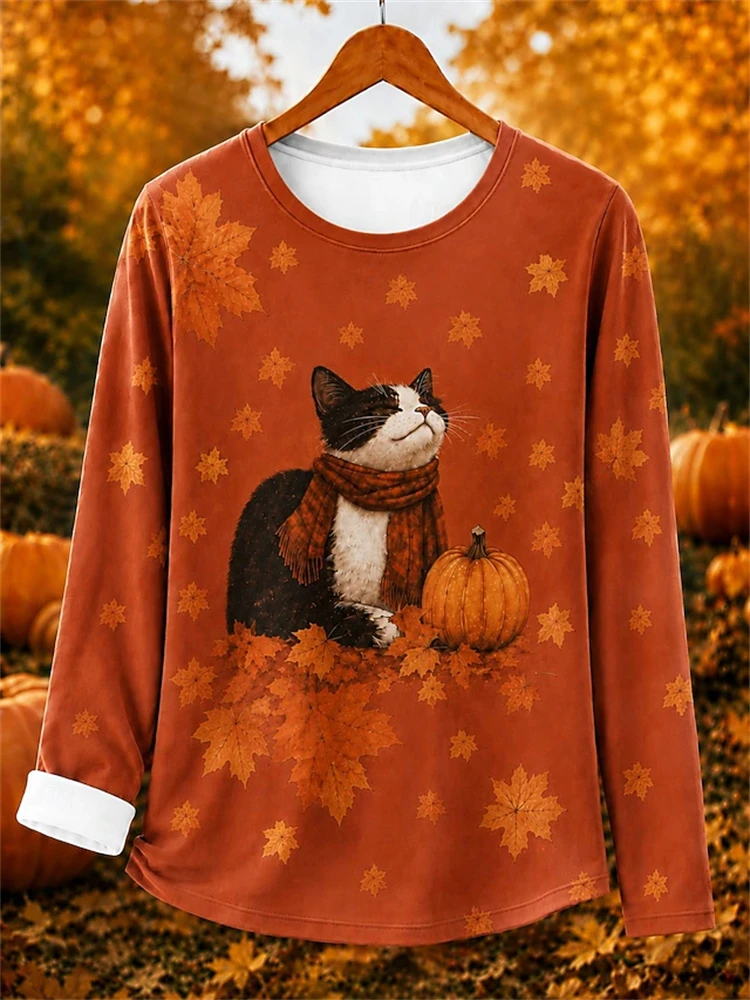 Women's New Long-Sleeve T-Shirt for Autumn 2026 Cute Cat Maple Leaf Print Loose Fit Simple Comfortable Loungewear Top