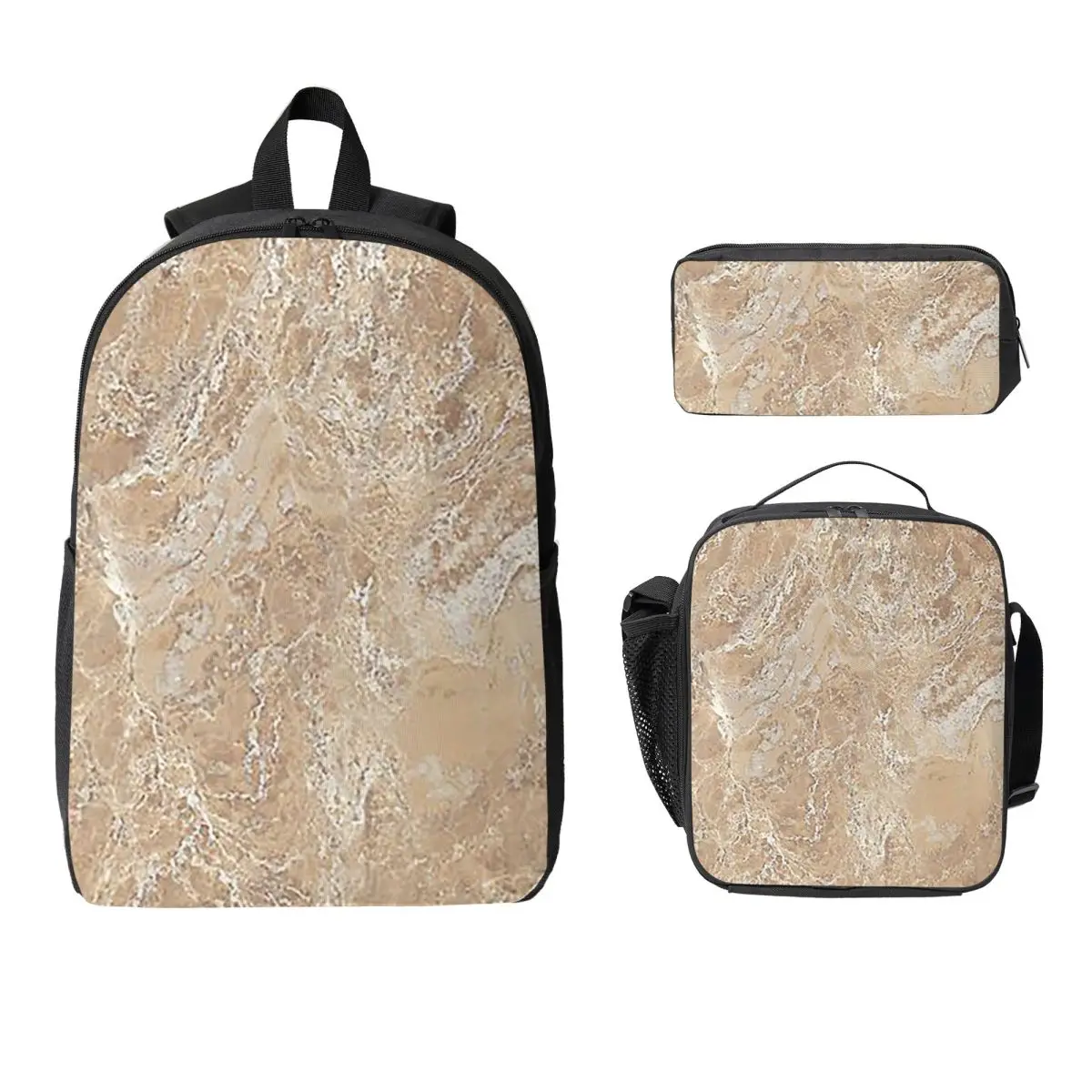 Contemporary Cream Beige Sand Stone Granite Marbl Backpack  BookBag School Bag Shoulder Bags 3ps Insulated Lunch Bag Pencil Case