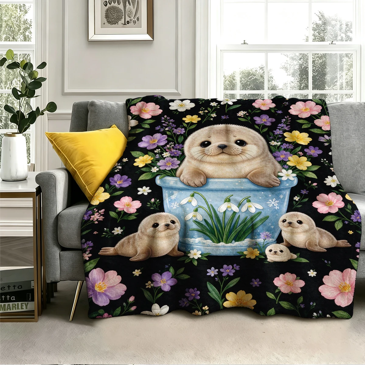 Seal Snow Pot Family Floral Flannel Blanket Warm Soft Halloween Christmas Decorative Couch Warm Cozy All-Season Gift