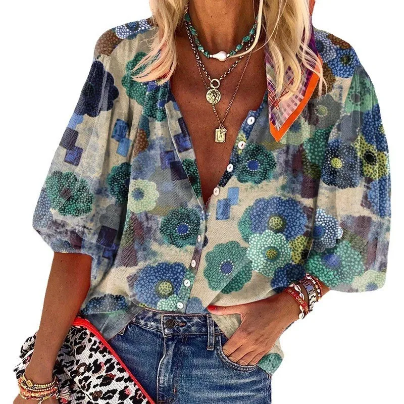 2024 Flower Print Vintage Shirts Women\'s Casual Turn Down Collar Cardigan Tops Button Single Breasted Daily BohemianBlouses Lady