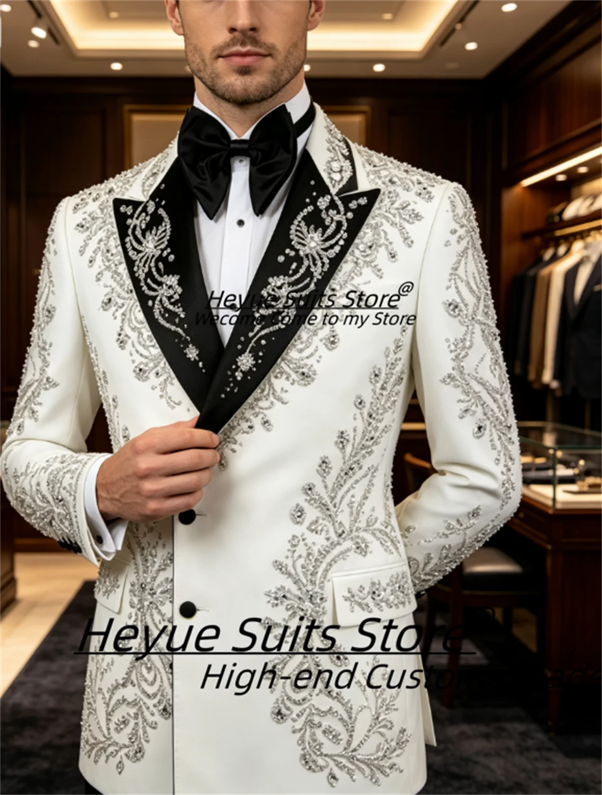Luxurious Beaded Silver Rhinestone Floral Embroidery Men Suit Customized White Slim Fit Peak Lapel Groom Formal Wedding Tuxedos