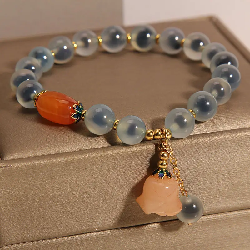 UMQ Sweet Mori Blue Sugar Heart Agate Bracelet for Women Special-Interest Design Vintage Lily Pendant Bracelet