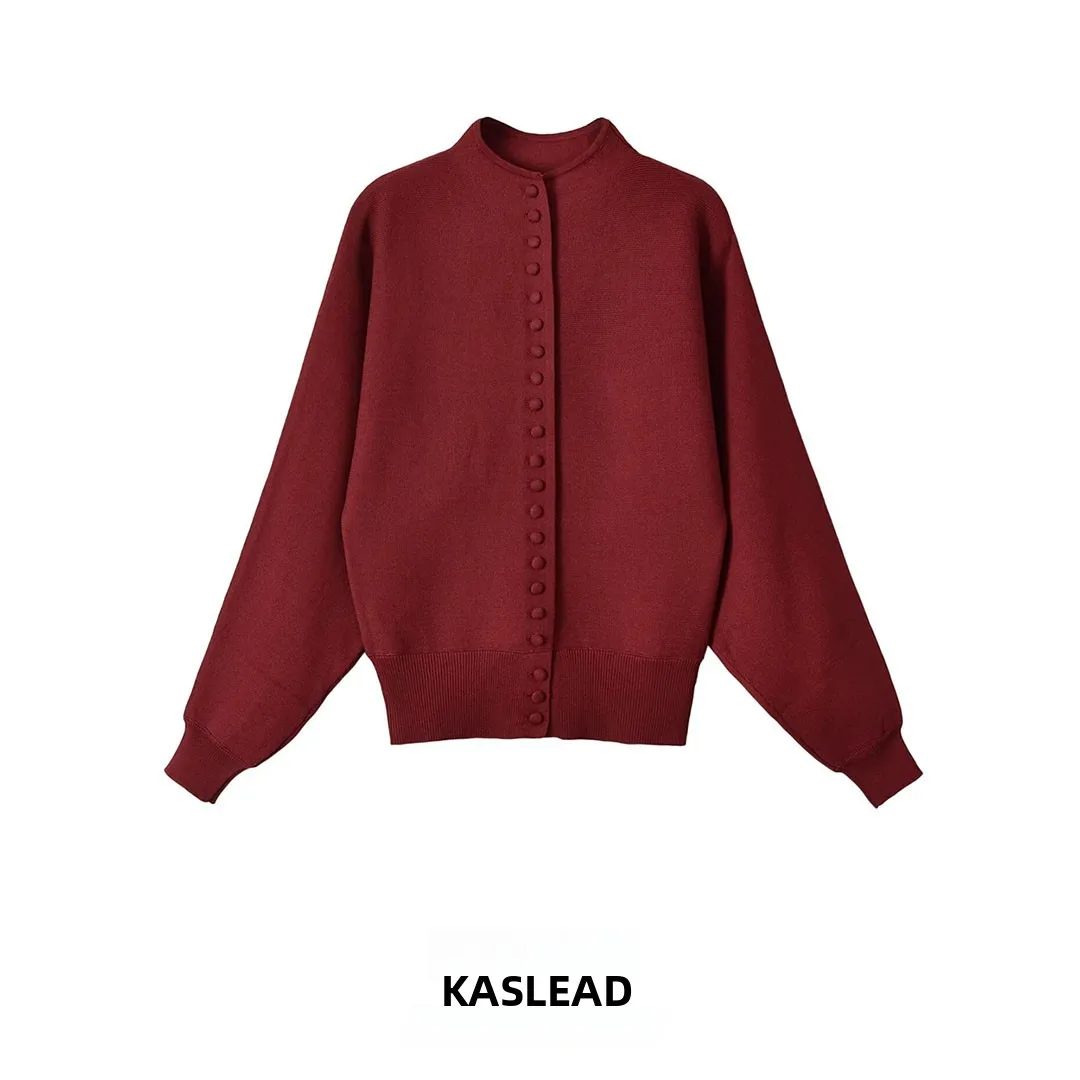 KASLEAD Women's Long Sleeve High Collar Fleece Lined Knitted Sweater Button Detail Polyester Fiber Open Cardigan Style
