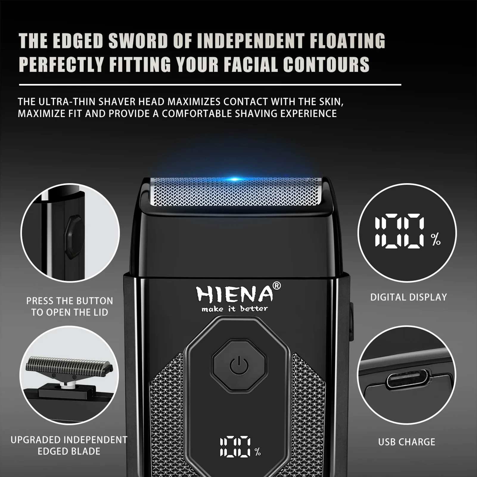 HIENA Beard Shaver For Men Portable LED Display Electric Razor Professional Grooming Hair Cutting Machine Hair Clipper Kit