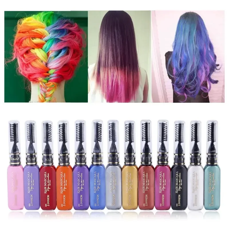 Heallor 13 Colors One-off Hair Color Dye Temporary Non-toxic DIY Hair Color Mascara Washable One-time Hair Dye Crayons Blue Grey