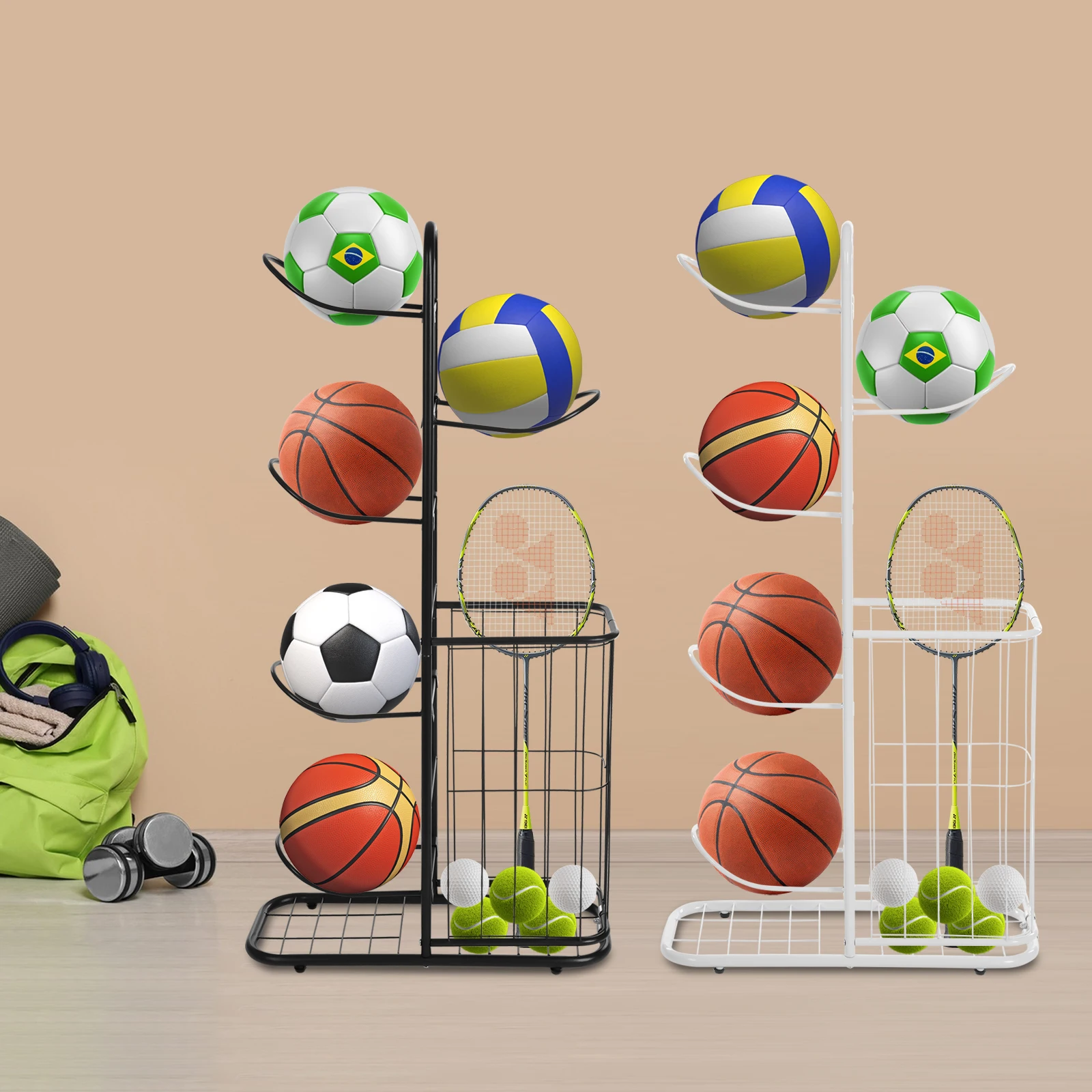 Support de rangement pour équipement de sport à 5 niveaux, organisateur de support de balle autoportant multifonctionnel pour basket-ball, football, étagères de garage