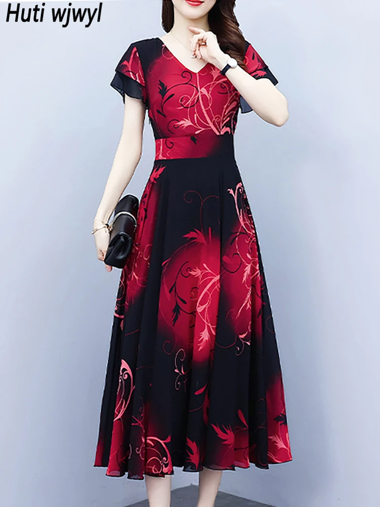 Summer Red Floral Chiffon Short Sleeve V-Neck Midi Robe Summer Vintage Elegant Prom Night Dress 2024 Bodycon Party Long Vestidos