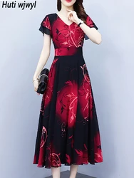 Summer Red Floral Chiffon Short Sleeve V-Neck Midi Robe Summer Vintage Elegant Prom Night Dress 2024 Bodycon Party Long Vestidos