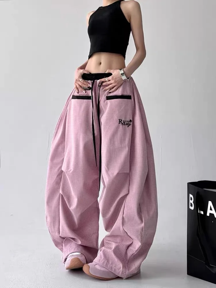 

HOUZHOU Harajuku Y2k Wide Leg Pants Women Oversized Pink Plaid Trousers Embroidery Pleated Parachute Pants Baggy Blue Joggers