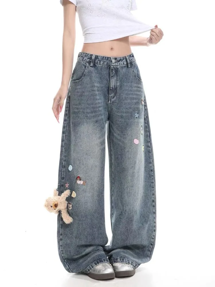 Women's Cute Pattern Retro Jeans Young Girls Sweatpants Casual High Waisted Pants Summer Bottoms Female Wide Leg Trousers
