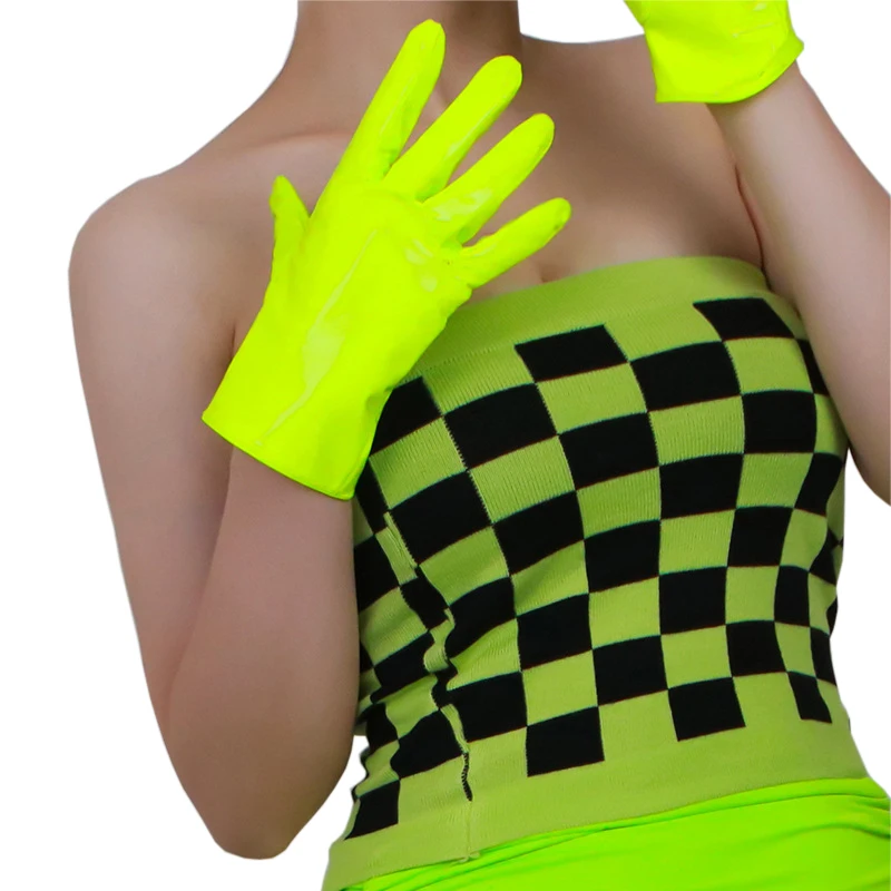 

21cm Patent Leather Gloves Female Faux Leather Imitation Sheepskin Mirror Bright Fluorescent Green Women PU Gloves Cosplay HPU70