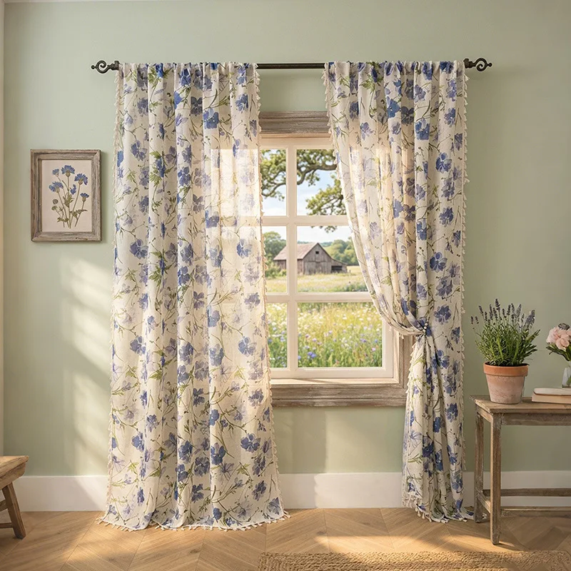 1/2PCS Vintage Floral Linen Sheer Curtains Farmhouse Privacy Window Drapes Rod Pocket Curtains for Bedroom Living Room Gordijnen