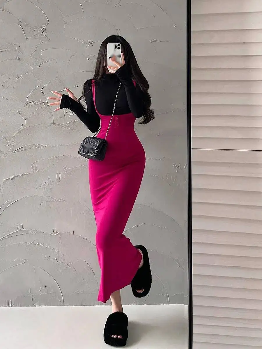 Womengaga sexy apertado cintura alta manga longa camiseta hip fishtail cinta longo maxi vestido vestidos coreano robe topos f8sf
