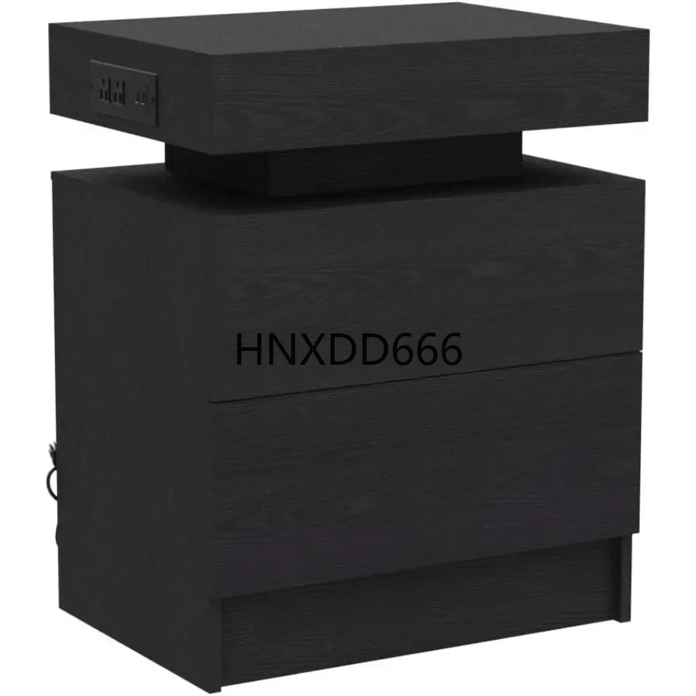 

Night Stand with Charging Station, Modern Black Nightstand with LED Light and Drawers, Bedside Tables